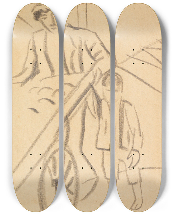 Triptych art skateboard deck of August Macke Mann Mit Karre Und Kind by August Macke (1887-1914)