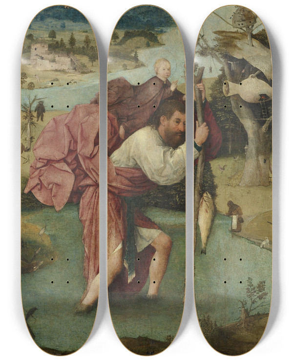 Triptych art skateboard deck of Hieronymus Bosch Saint Christopher Carrying The Christ Child by Hieronymus Bosch (1450-1516)