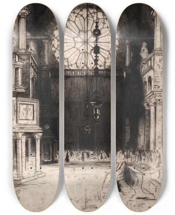 Triptych art skateboard deck of David Young Cameron St Marks No 2 Venice Interior by David Young Cameron (1865-1945)