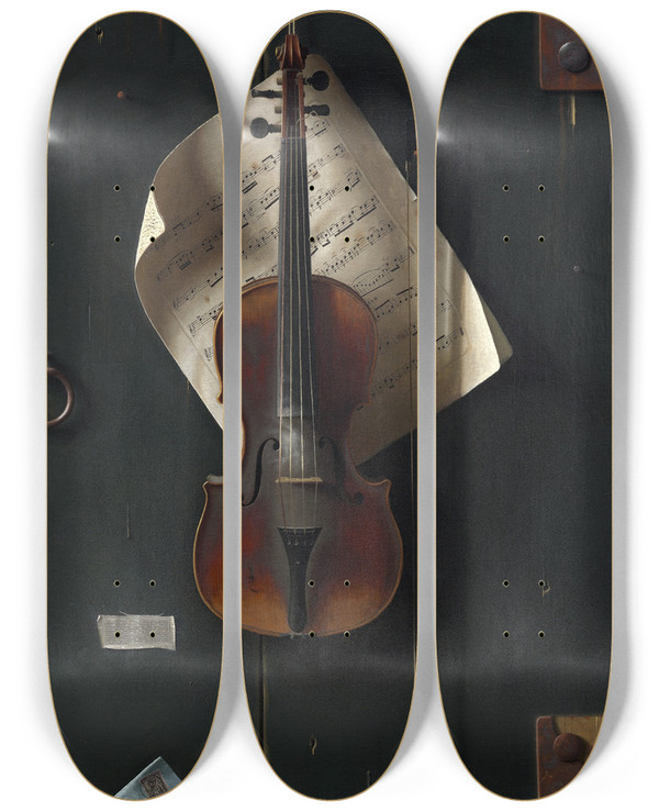 Triptych art skateboard deck of William Michael Harnett The Old Violin by William Michael Harnett (1848-1892)
