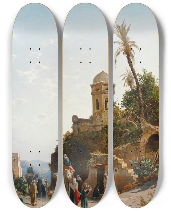 Triptych art skateboard deck of Hermann David Salomon Corrodi On The Road To Jerusalem by Hermann David Salomon Corrodi (1844-1905)