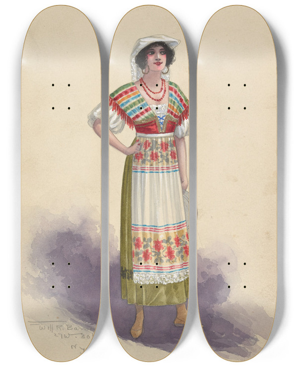 Triptych art skateboard deck of Will R Barnes Corsican Wives Act Ii A7 by Will R Barnes (1939)