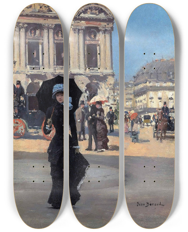 Triptych art skateboard deck of Jean Braud Devant Lopra by Jean Beraud (1849-1935)