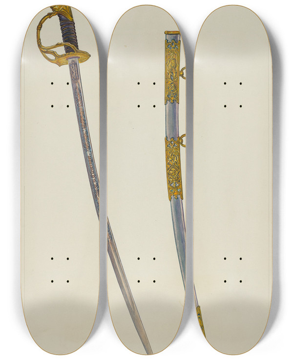 Triptych art skateboard deck of Cecil Smith Sword And Sheath by Cecil Smith