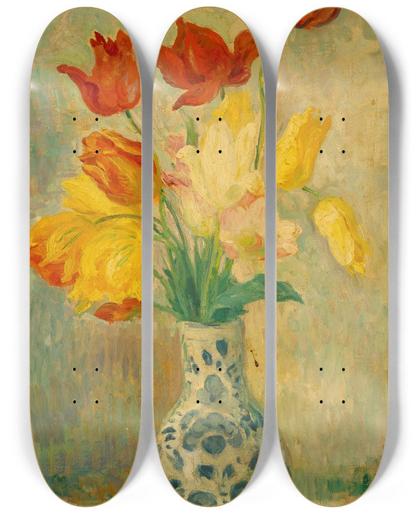 Triptych art skateboard deck of Henri Lebasque Tulips In A Delftware Vase by Henri Lebasque (1865-1937)