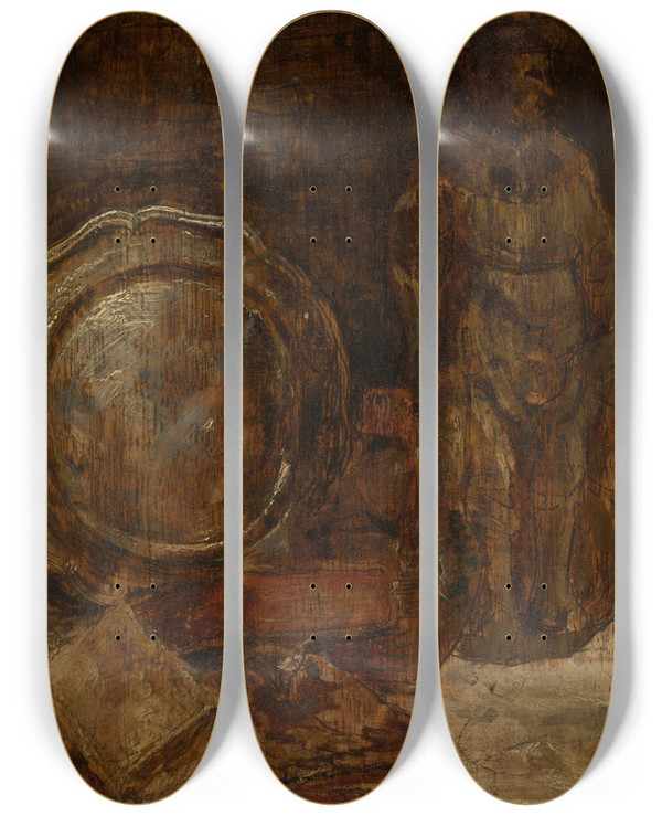 Triptych art skateboard deck of Willem Linnig The Younger Still Life With Pewter Dish by Willem Linnig the Younger (1842-1890)