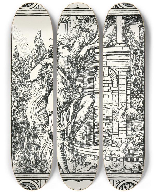 Triptych art skateboard deck of Walter Crane Rapunzel by Walter Crane (1845-1915)
