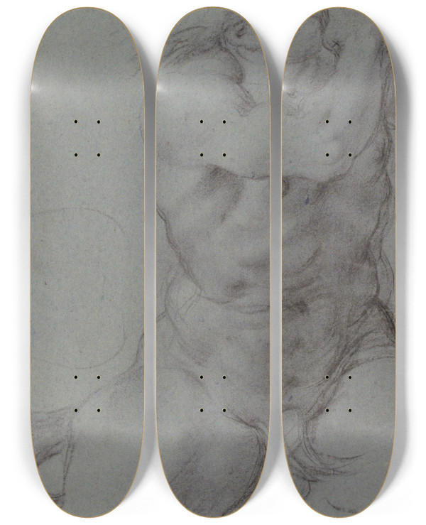 Triptych art skateboard deck of Annibale Carracci Triton Sounding A Conch Shell by Annibale Carracci (1560-1609)