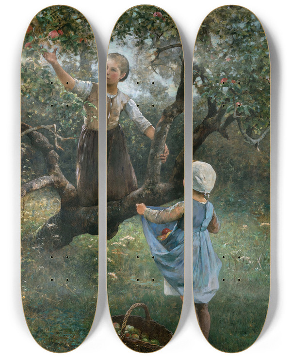 Triptych art skateboard deck of Hugo Salmson Girls Picking Fruit by Hugo Salmson (1843-1894)