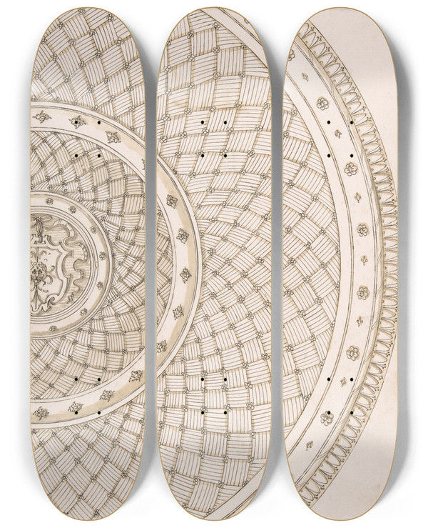 Triptych art skateboard deck of Erasmus Hornick Design For A Platter by Erasmus Hornick (1520-1583)