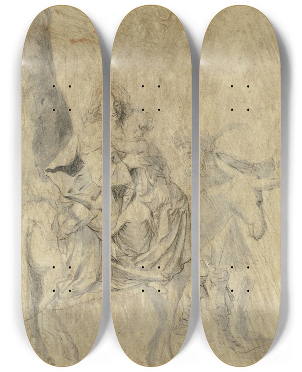 Triptych art skateboard deck of Cornelis Bisschop Flight Into Egypt by Cornelis Bisschop (1630-1674)