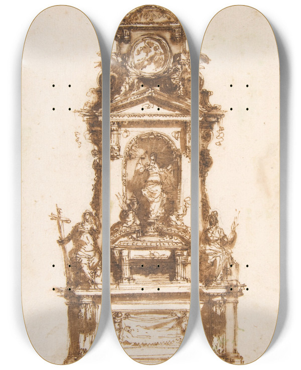 Triptych art skateboard deck of Mauro Antonio Tesi Design For An Altar Erected For The Holy Week by Mauro Antonio Tesi (1730-1766)