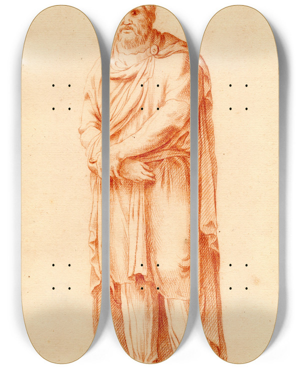 Triptych art skateboard deck of Cornelis Pronk Beeld Van Een Gevangen Gallir by Cornelis Pronk (1691-1759)