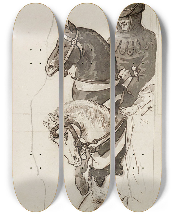 Triptych art skateboard deck of Prosper Lafaye Cavaliers by Prosper Lafaye (1806-1883)