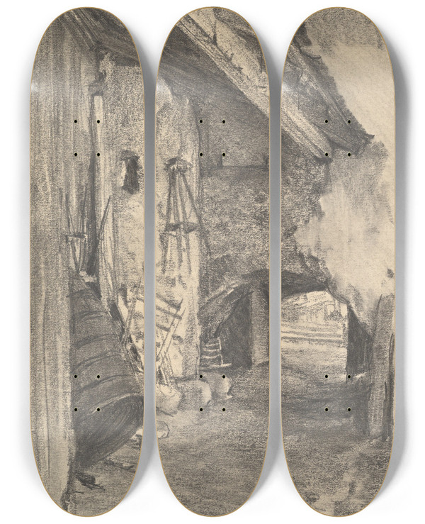 Triptych art skateboard deck of Adolph Von Menzel View Into A Courtyard by Adolph Von Menzel (1815-1905)