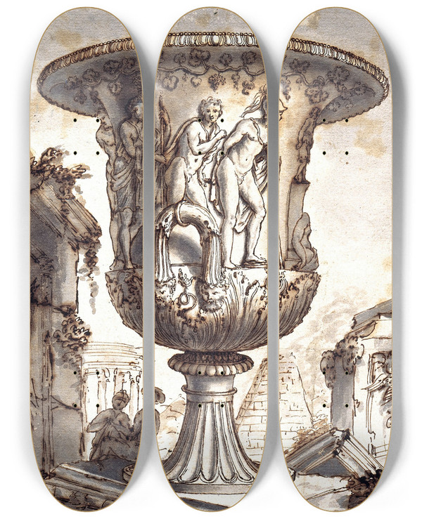 Triptych art skateboard deck of Pier Leone Ghezzi Two Ancient Vases_1 by Pier Leone Ghezzi (1674-1755)