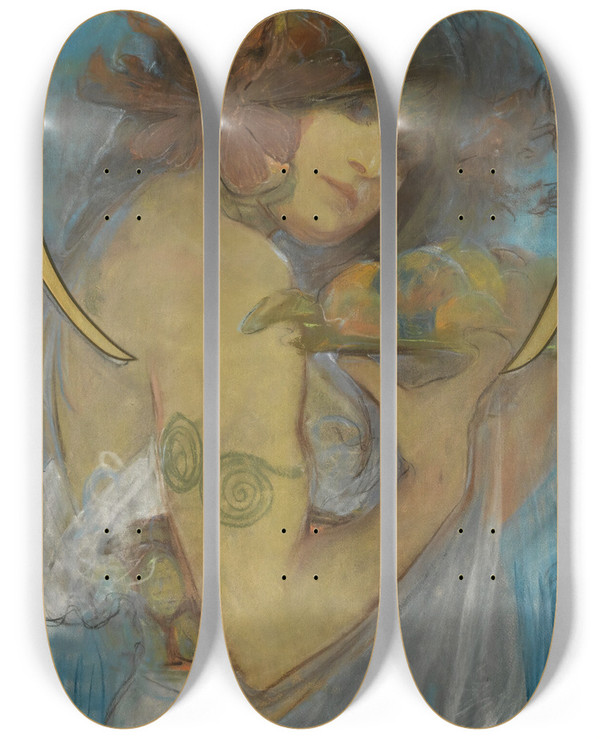 Triptych art skateboard deck of Alphonse Mucha Study For A Poster Fruit by Alphonse Mucha (1860-1939)