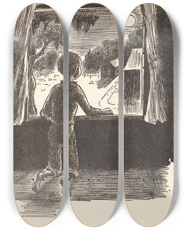 Triptych art skateboard deck of Dudley Morris Gooseberry Jones Pl9 by Dudley Morris (1912-1966)
