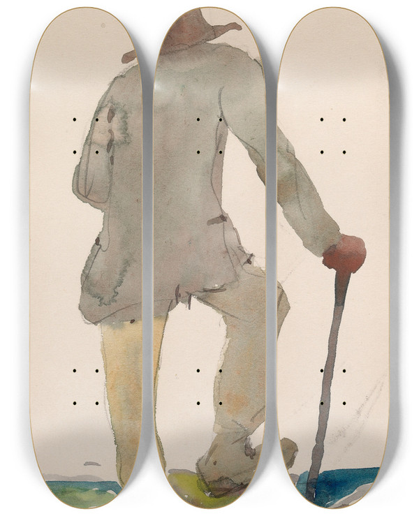 Triptych art skateboard deck of Michael Healy A Man With A Walking Stick by Michael Healy (1873-1941)