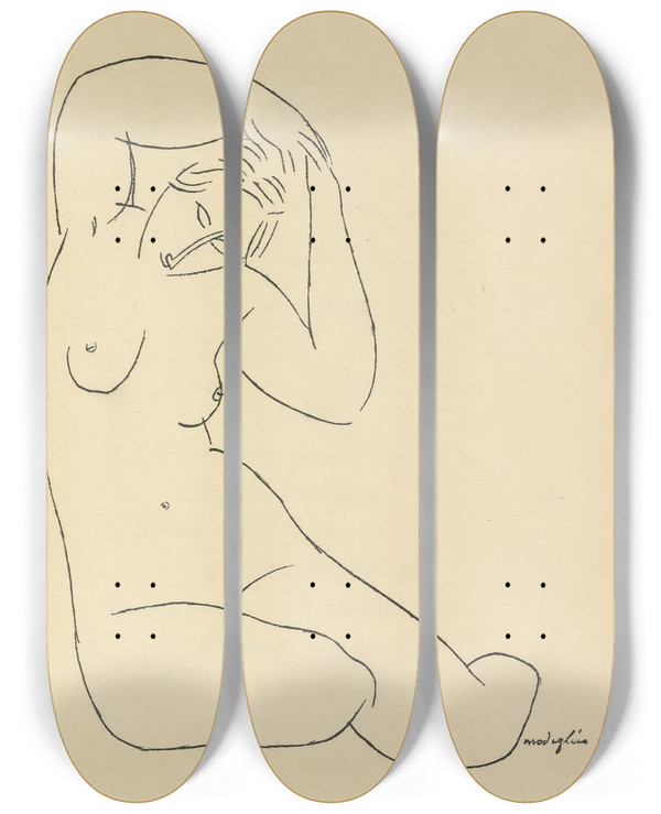 Triptych art skateboard deck of Amedeo Modigliani Les Nymphes 4 by Amedeo Modigliani (1884-1920)
