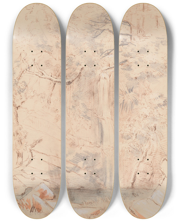 Triptych art skateboard deck of Nicholas Chevalier On The Taieri River Otago by Nicholas Chevalier (1828-1902)