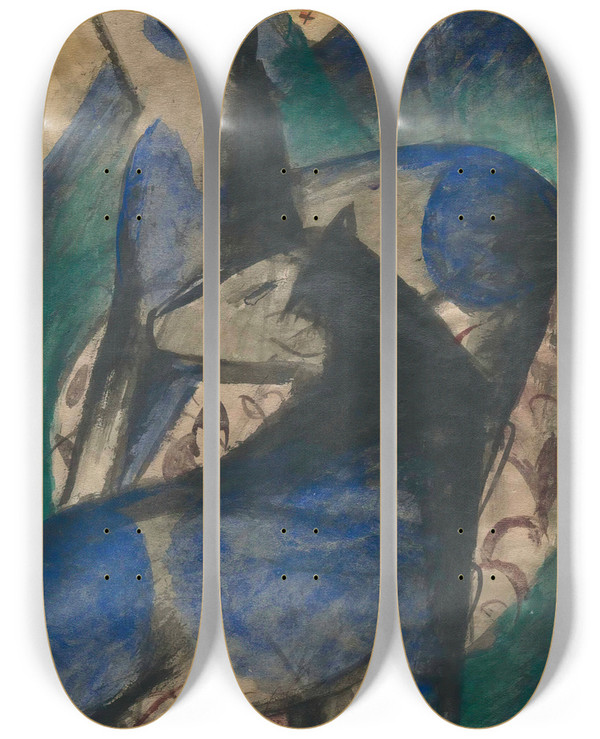 Triptych art skateboard deck of Franz Marc Two Blue Horses by Franz Marc (1880-1916)