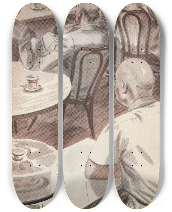 Triptych art skateboard deck of Earl Schenck Miers Big Ben Pl2 by Earl Schenck Miers (1910-1972)