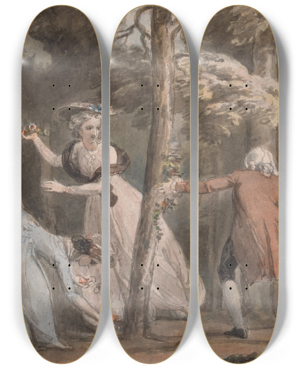 Triptych art skateboard deck of Thomas Stothard Illustration To The Virtuous Orphan_1 by Thomas Stothard (1755-1834)