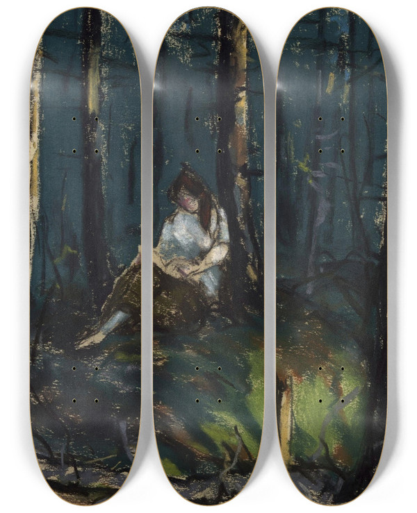 Triptych art skateboard deck of Robert Henri The Reader In The Forest by Robert Henri (1865-1929)