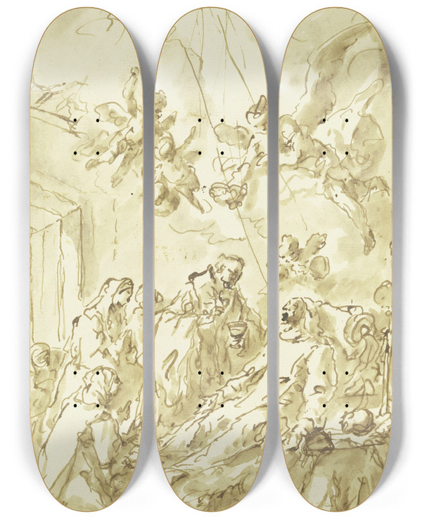 Triptych art skateboard deck of Gaspare Diziani Letzte Kommunion Einer Sterbenden Nonne by Gaspare Diziani (1689-1767)