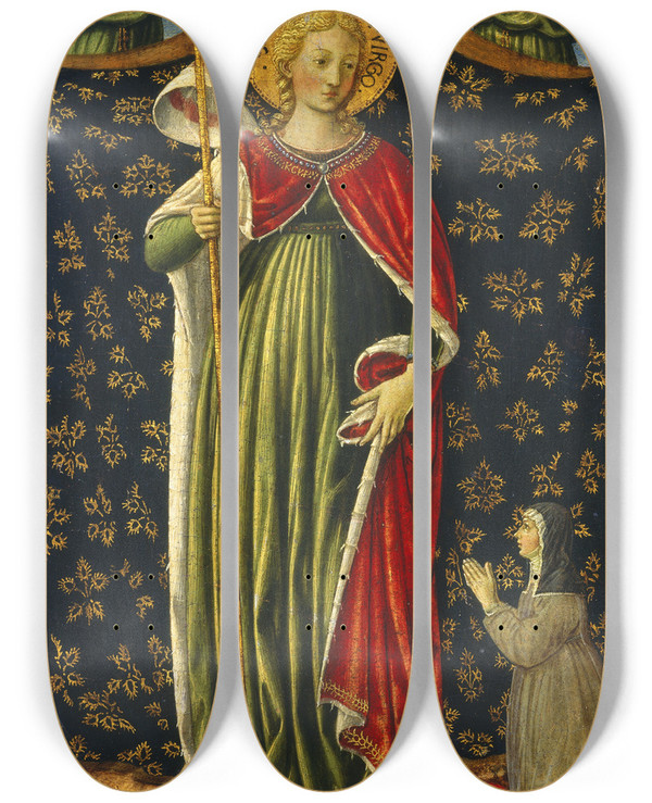 Triptych art skateboard deck of Benozzo Gozzoli Saint Ursula With Two Angels And Donor by Benozzo Gozzoli (1421-1497)