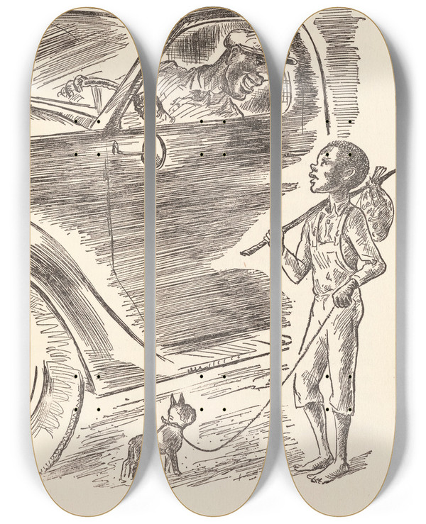 Triptych art skateboard deck of Dudley Morris Gooseberry Jones Pl7 by Dudley Morris (1912-1966)