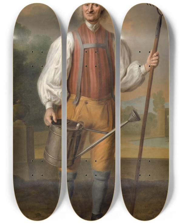 Triptych art skateboard deck of Balthasar Denner A Gardener by Balthasar Denner (1685-1749)