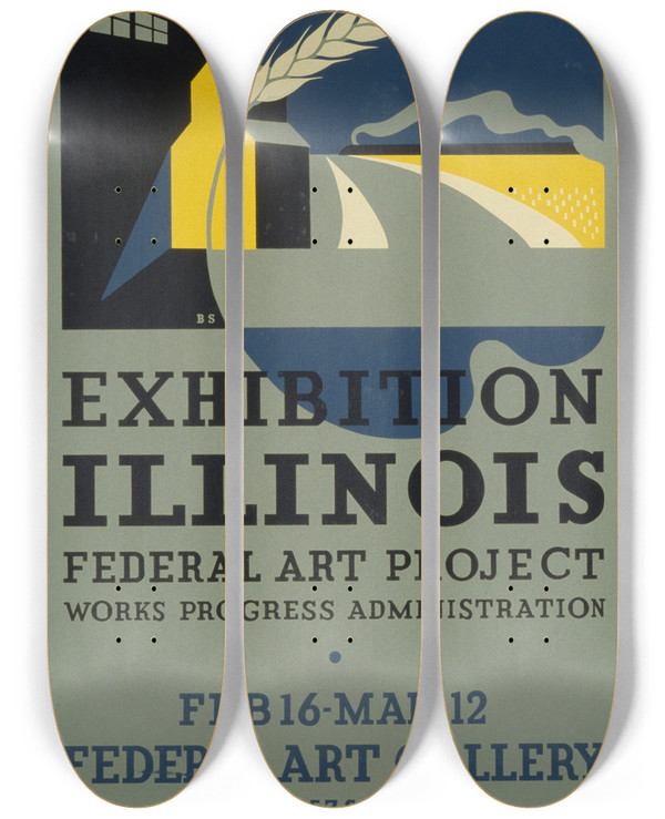 Triptych art skateboard deck of Benjamin Sheer Exhibition Illinois Federal Art Project Works Progress Administration by Benjamin Sheer (20-)