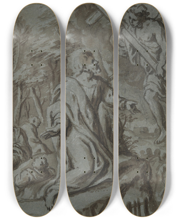 Triptych art skateboard deck of Peter Van Lint Christ Ingethsemane by Peter Van Lint (1609-1690)