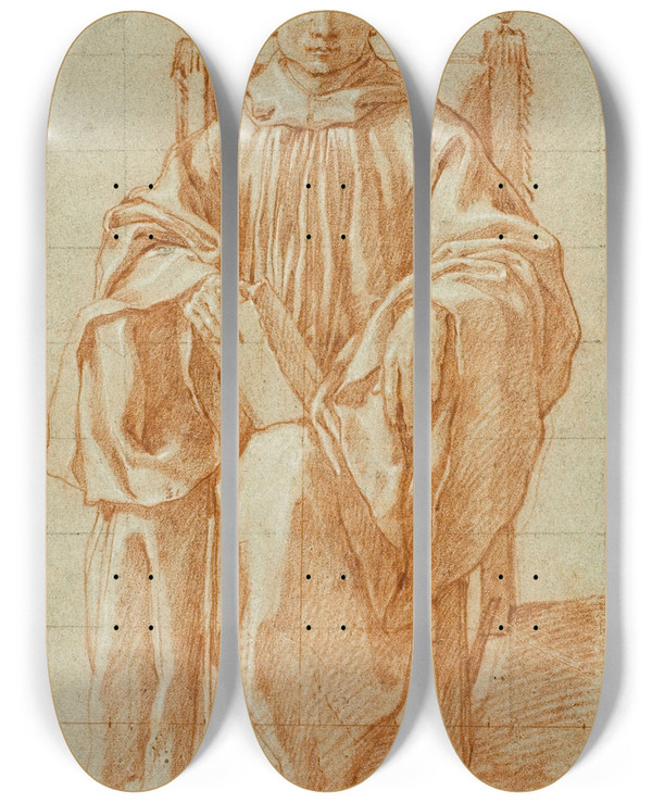 Triptych art skateboard deck of Bartolomeo Cesi Seated Youth Wearing A Monks Habit Study For Saint Benedict by Bartolomeo Cesi (1556-1629)