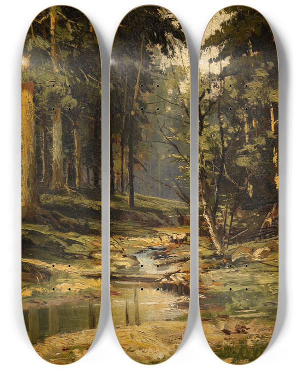 Triptych art skateboard deck of Ivan Ivanovich Shishkin Forest Brook by Ivan Ivanovich Shishkin (1832-1898)