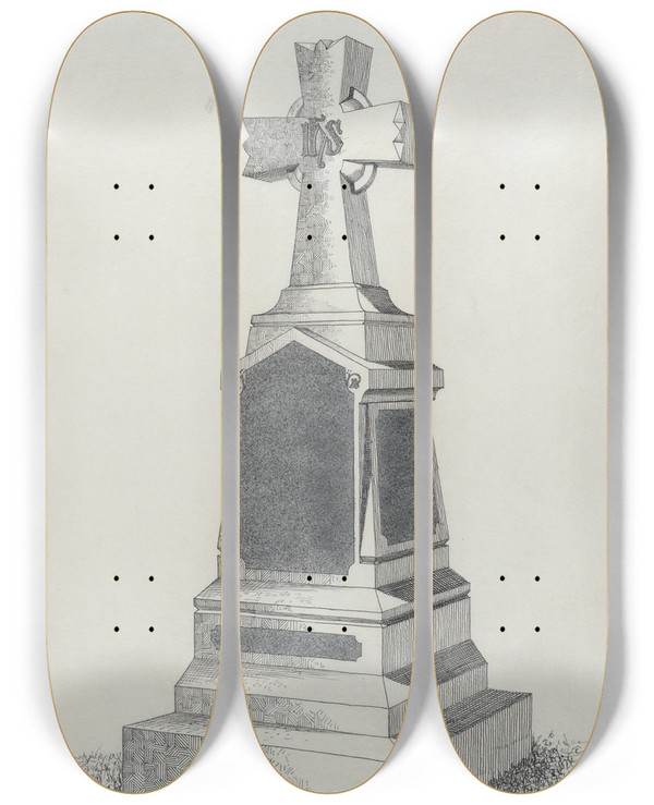 Triptych art skateboard deck of Alexander Maxwell Grave Monument With Cross No 745 by Alexander Maxwell (1838-1880)