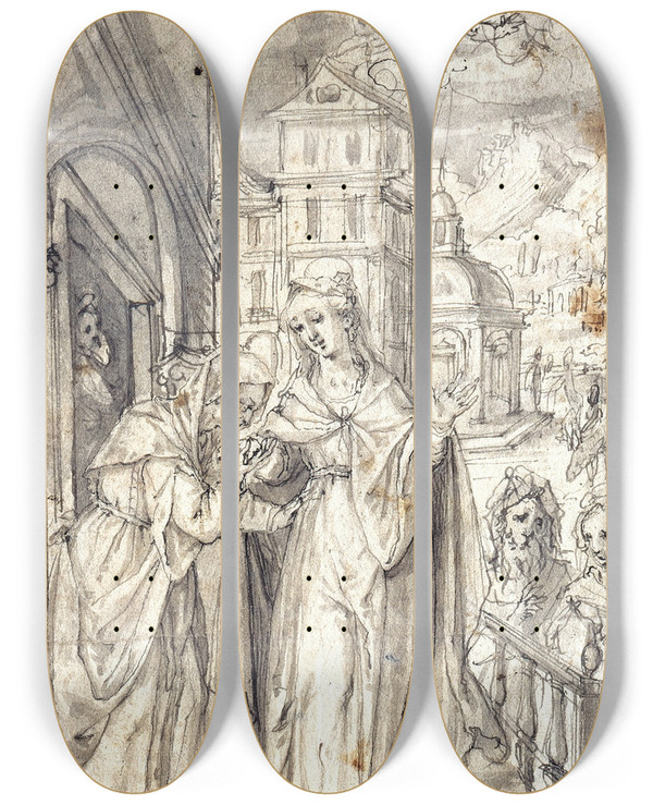 Triptych art skateboard deck of Hans Krumper The Visitation by Hans Krumper (1570-1634)