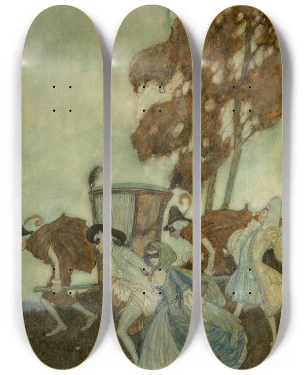 Triptych art skateboard deck of Edmund Dulac The Masqueraders by Edmund Dulac (1882-1953)