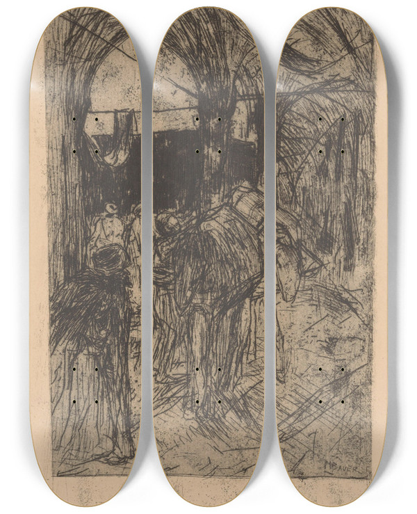 Triptych art skateboard deck of Marius Bauer Pakpaarden by Marius Bauer (1867-1932)