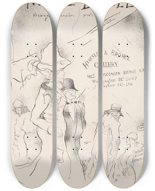 Triptych art skateboard deck of Michael Biddle Michael Biddle Drawings Watercolors Prints by Michael Biddle (1934-2013)