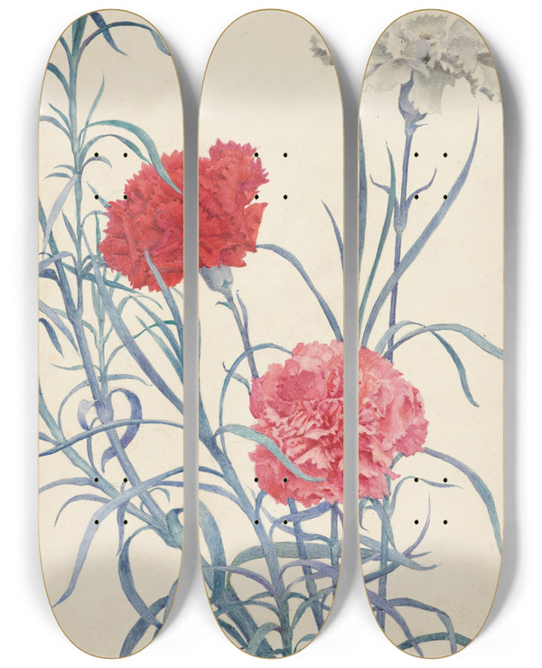 Triptych art skateboard deck of Eleanor Fortescuebrickdale Carnations by Eleanor Fortescue-Brickdale (1871-1945)