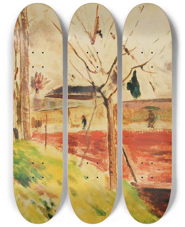 Triptych art skateboard deck of Ulvi Liegi Il Muro Rosso by Ulvi Liegi (1858-1939)