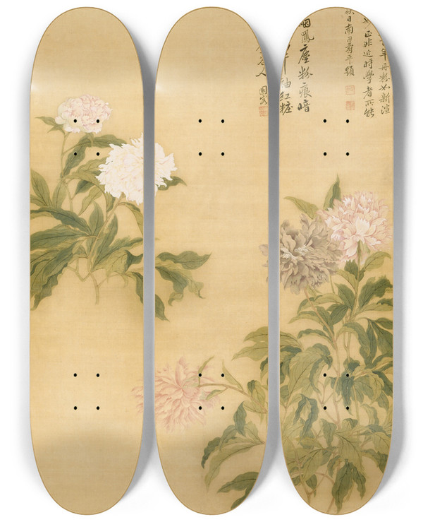 Triptych art skateboard deck of Yun Shouping Peonies by Yun Shouping (1633-1690)