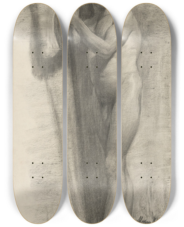 Triptych art skateboard deck of Emil Alexayolexk Study Of A Man Leaning On A Stick by Emil Alexay-Olexk