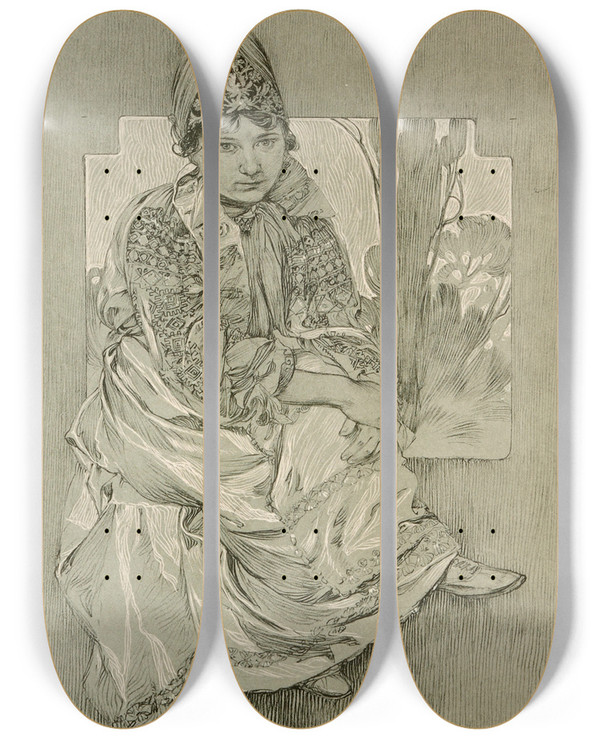Triptych art skateboard deck of Alphonse Mucha Figures Dcoratives by Alphonse Mucha (1860-1939)