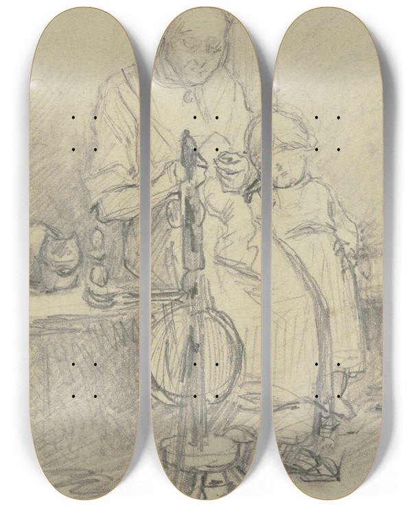 Triptych art skateboard deck of Jakob Frchtegott Dielmann Eine Frau Mit Kind Und Katze Beim Spinnrad Sitzend by Jakob Furchtegott Dielmann (1809-1885)