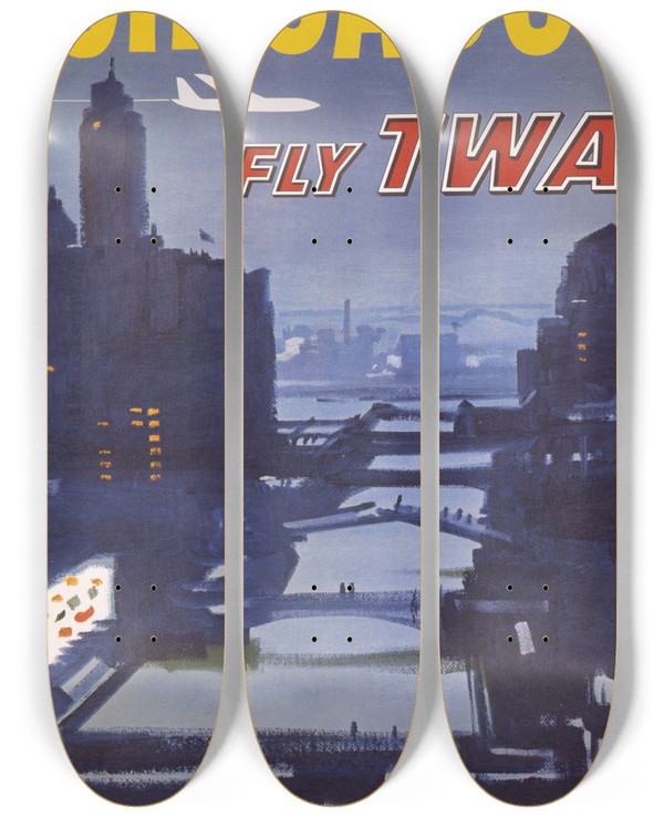 Triptych art skateboard deck of Austin Briggs Chicago Fly Twa by Austin Briggs (1908-1973)