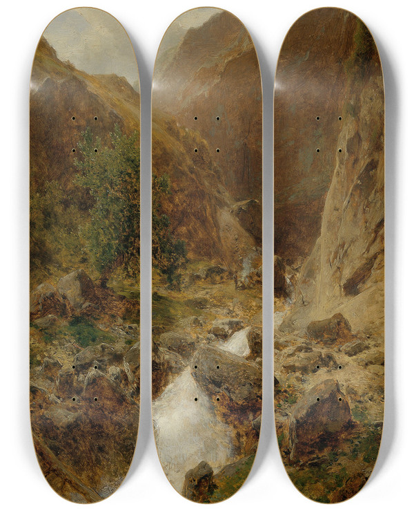 Triptych art skateboard deck of Eduard Peithner Von Lichtenfels Wildbach by Eduard Peithner Von Lichtenfels (1833-1913)